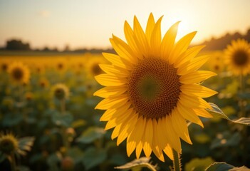 Fototapeta premium Sunflower in Summer Field – A close-up of a bright sunflower in full bloom, its yellow petals illuminated by golden sunlight