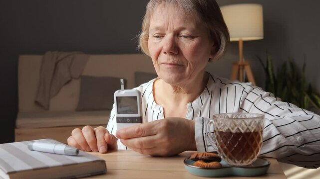 An older adult measures her blood sugar levels using a glucometer at home. She sits at a table with a drink and snacks, emphasizing daily health routines and diabetes management