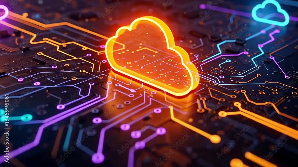 Poster glowing cloud icons on a dark circuit board with colorful illuminated pathways and components