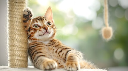 Naklejka premium Adorable kitten playing on cat tree