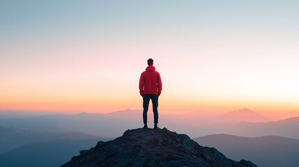 Obraz premium Person standing on a mountaintop at dawn, ready to face new challenges