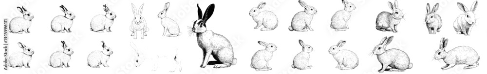 Poster A hand-drawn sketch of a wild bunny, featuring a retro etch of a rabbit or hare in an antique engraving style, reminiscent of Easter rabbits, created with pencil in a vintage manner, depicting cute