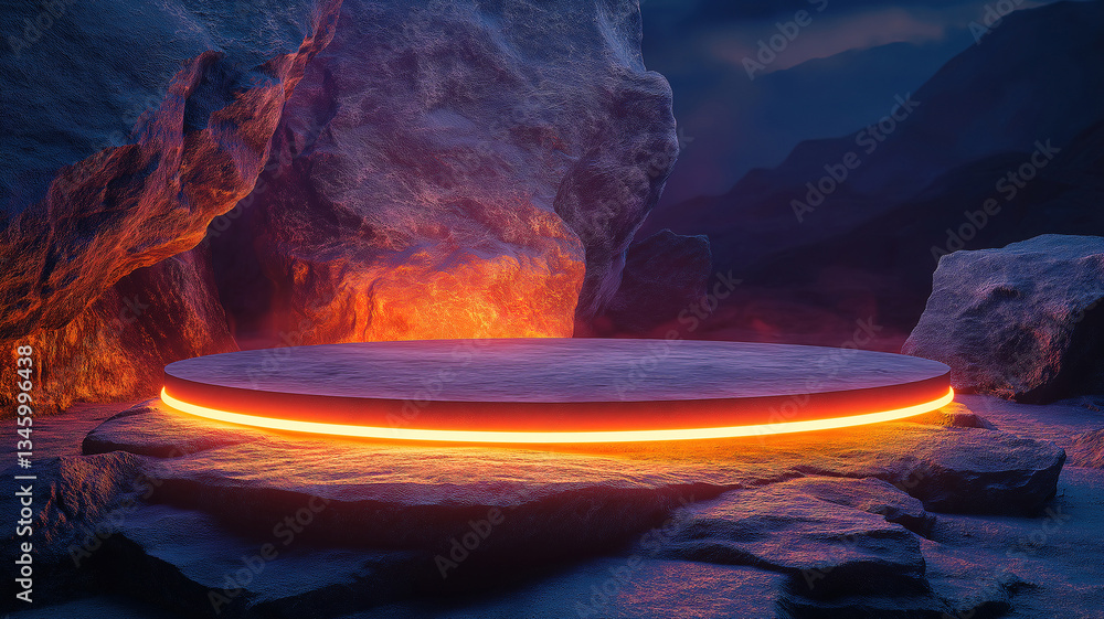 Poster neon rings illuminate a raised stone platform, creating a tech-inspired display for products