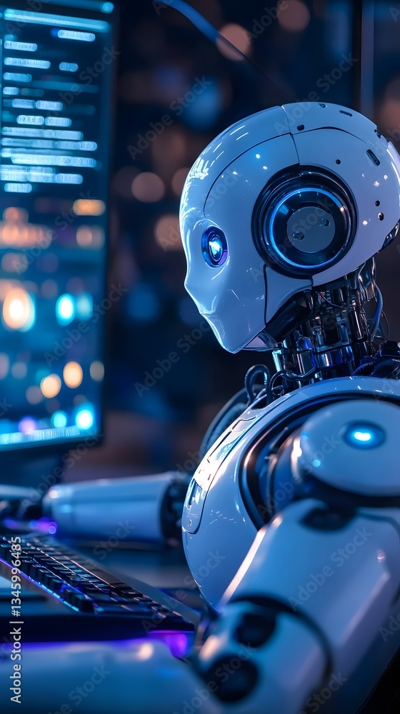 Poster Futuristic robot working on computer programming code in tech company