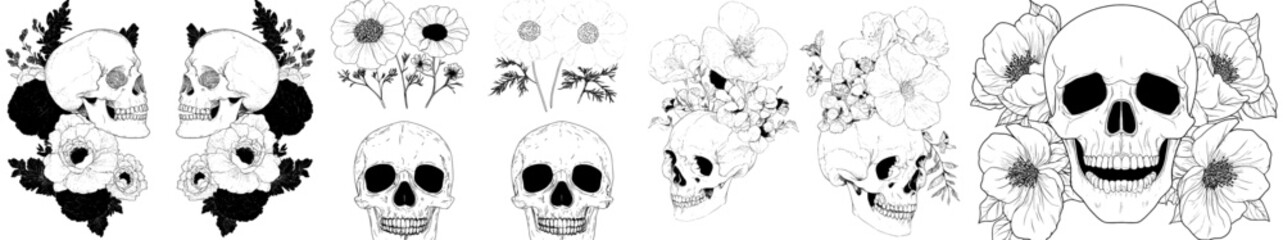 Fototapeta premium Modern illustration featuring a human skeleton head with a grunge gothic drawing style, set amidst tattoo skulls, flowers, and vintage art design