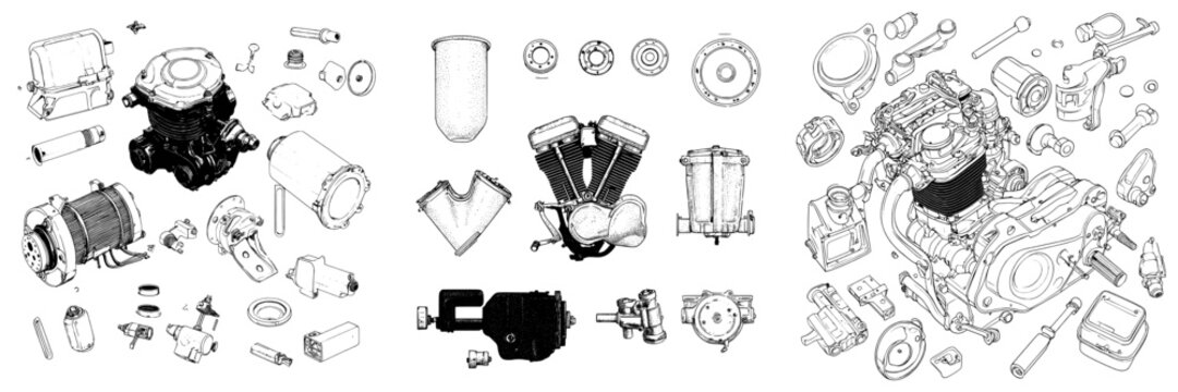 Vintage retro auto garage emblem sketch art features mechanical elements, including engine tattoos, motorcycle motors, pistons, steel gears, carburetors, and cylinders