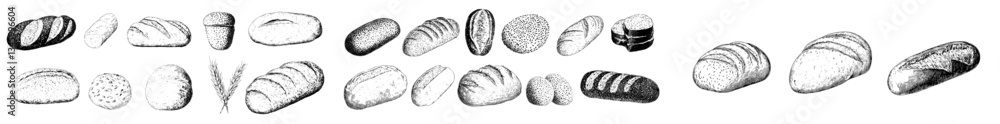 Poster bread is depicted in sketches, including a loaf cut into toasts in a retro style drawing, reminiscen
