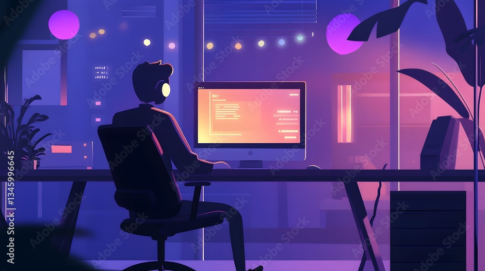 Poster Programmer working late at night in modern office with computer and headphones