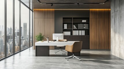 Fototapeta premium Modern office interior with city view, suitable for presentations