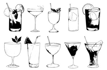 A watercolor illustration of cocktails, featuring fresh summer drinks adorned with fruits, berries, and ice cubes, as well as modern lemonade juice designs