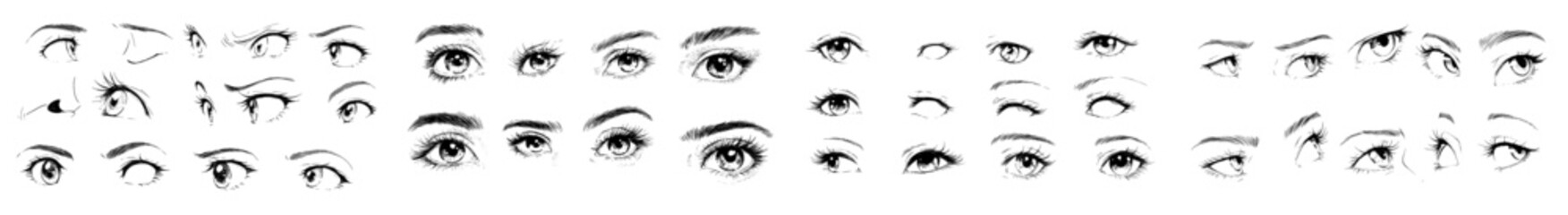 Illustration of a beautiful woman with hand-drawn eyelashes for the fashion and cosmetic industry, featuring open and closed eyes