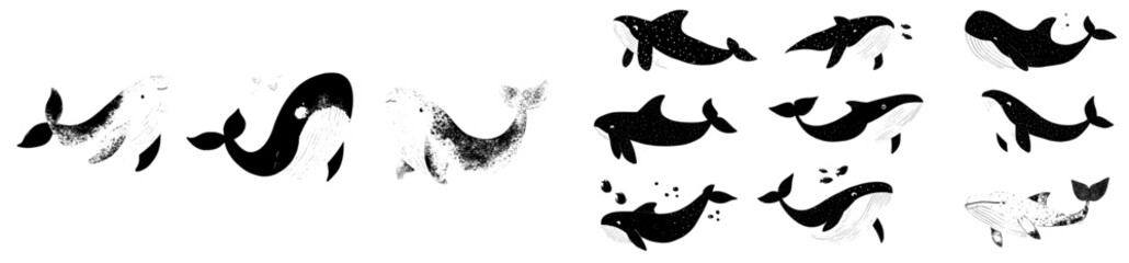 Obraz premium Watercolor whales are depicted in a modern illustration set showcasing aquatic wildlife in big blue ocean environments with diverse swimming poses