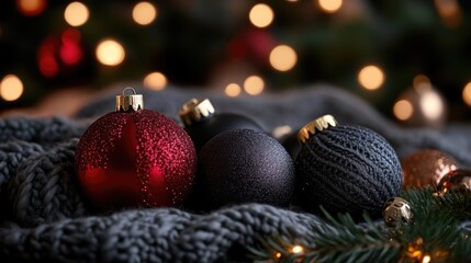 Festive Christmas ornaments resting on a cozy knitted blanket, adorned with twinkling lights and greenery