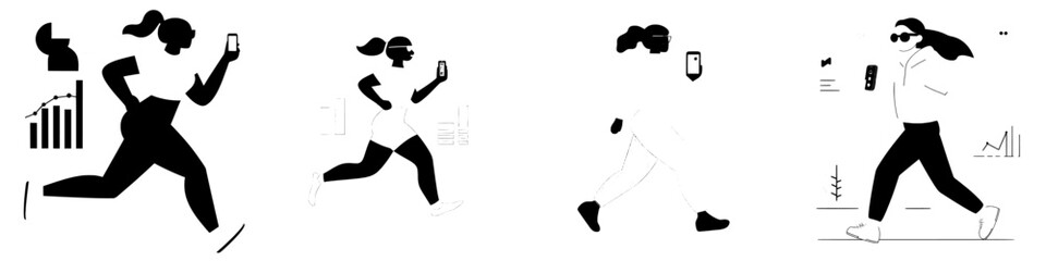 Fototapeta premium A woman is walking while monitoring her steps on a pedometer app in her smartphone for fitness tracking during an outdoor walk or run