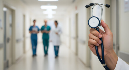 Doctor holding a stethoscope in a hospital corridor with medical professionals in the background