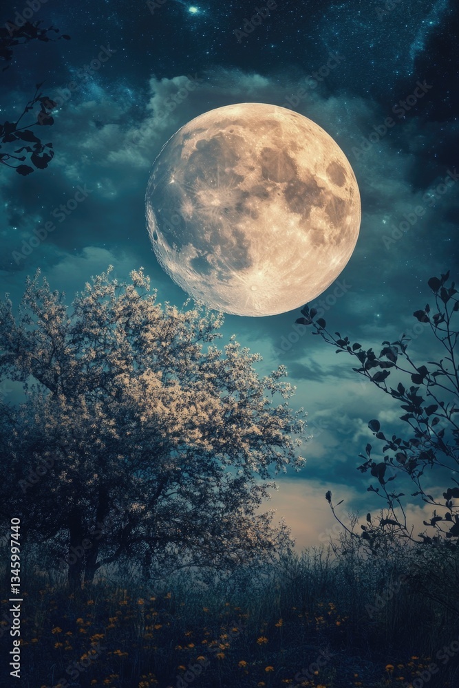 Poster a picture of a full moon shining brightly in the night sky, suitable for use as a background or to r