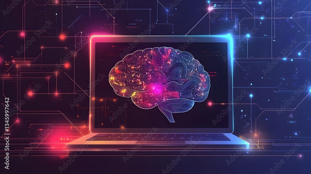 Poster Artificial intelligence processing data in electronic brain on laptop screen