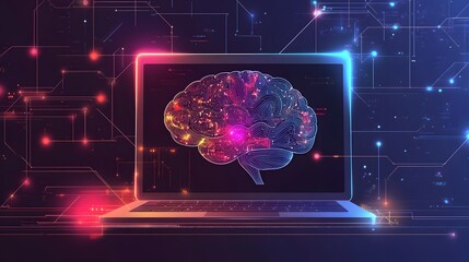 Artificial intelligence processing data in electronic brain on laptop screen