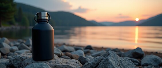 A black water bottle on a rock by a lake at sunset
