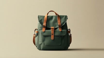 Green Canvas Backpack with Leather Straps