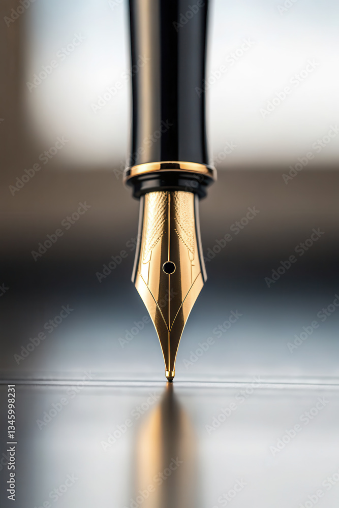 Poster e-signature concept. a close-up of a fountain pen poised to write on a smooth surface.