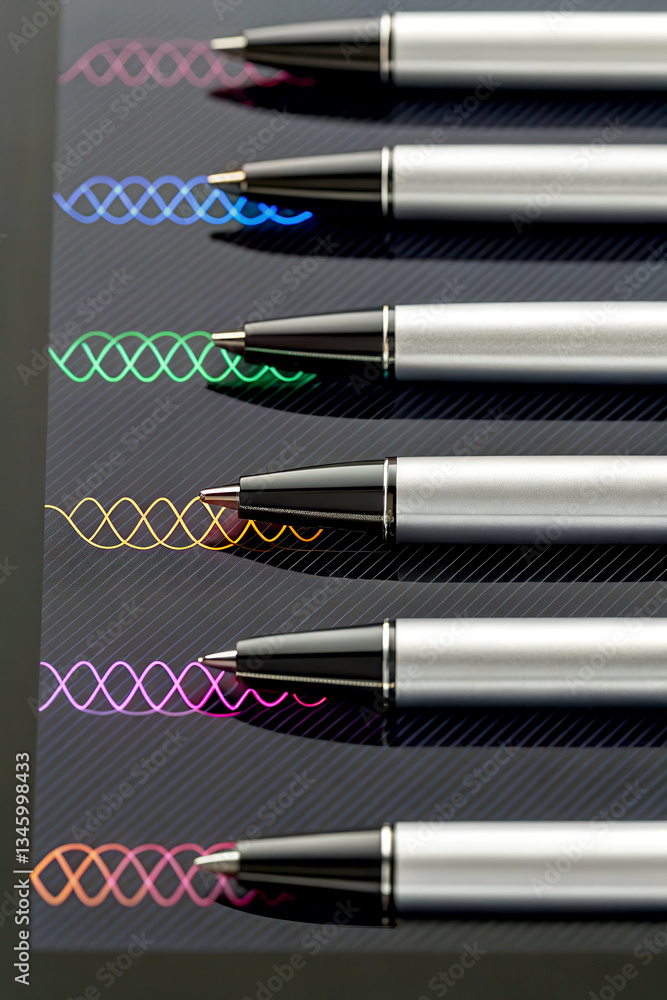 Poster e-signature concept. colorful pens creating artistic patterns on a dark surface showcase creativity 
