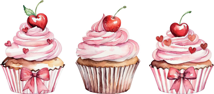 Set of Watercolor Cupcakes on White Isolated Background.
