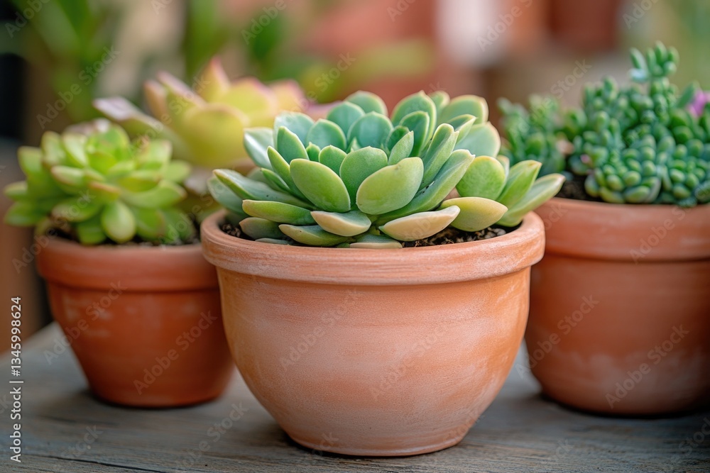 Poster close-up view of a cluster of potted plants, suitable for use in still life photography or as a deco