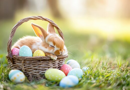 Adorable sleeping bunny in a woven basket surrounded by colorful Easter eggs on a sunny day in a soft green grass setting, perfect for springtime themes - Powered by Adobe