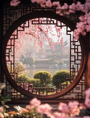 Beautiful blossoming cherry blossoms are seen through a round wooden frame