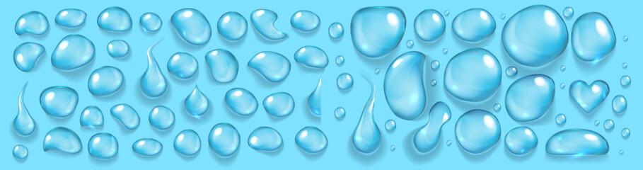 Realistic vector transparent water drops. Premium quality translucent liquid droplet set with beautiful shadows. Freshwater cool icons isolated on transparent background