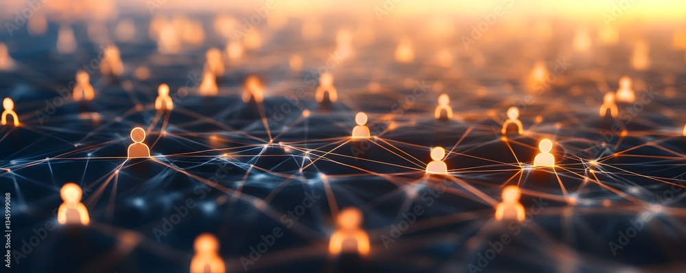 Poster network connecting glowing user icons during golden hour