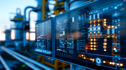 Digital Infrastructure: A compelling shot of a control room, with two screens of sophisticated data displayed on them, showcasing the technological heart of a modern industrial facility.