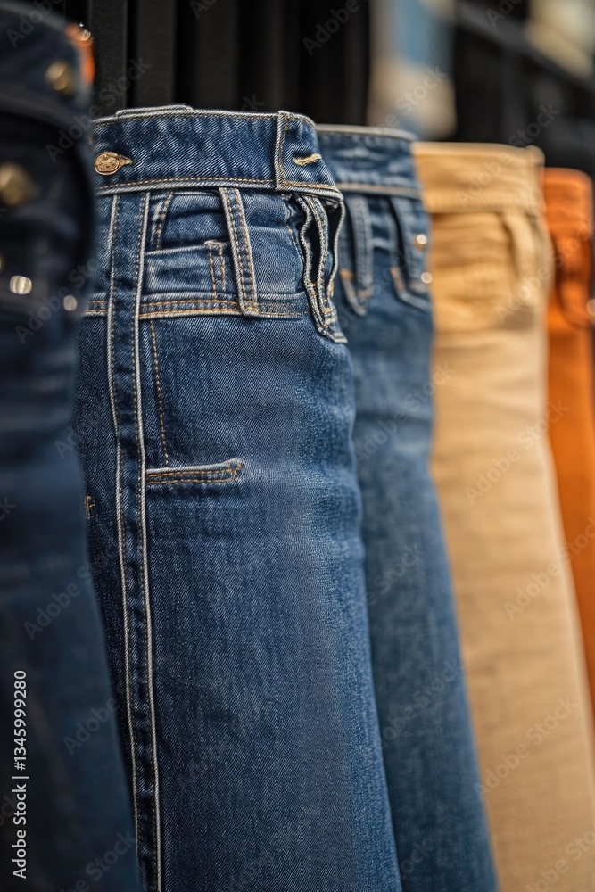 Poster a single row of jeans hanging from a rack in a store or closet, awaiting customers or use