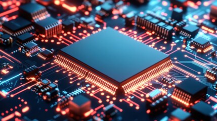 Obraz premium Close-up of a central processing unit (CPU) on a circuit board with glowing orange and blue traces.