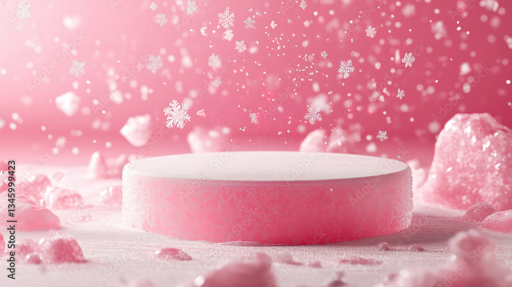 Poster soft pink snowflakes falling around an empty floating podium in a tranquil minimal scene