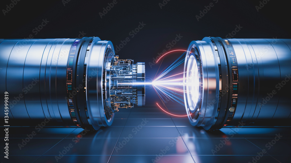 Poster laser fusion device: a high-tech visualization of a laser fusion device in operation, with beams of 