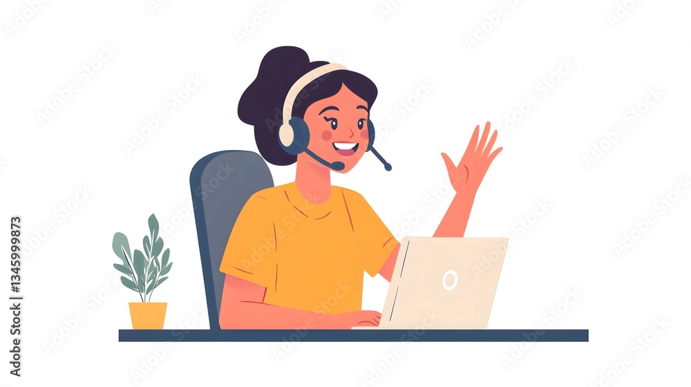 Poster Friendly customer service representative greeting client on video call