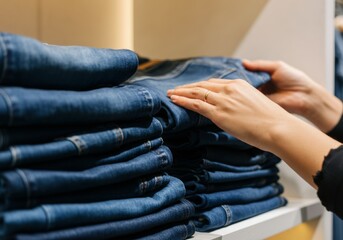 Fototapeta premium Hands organizing folded blue denim jeans on store shelf