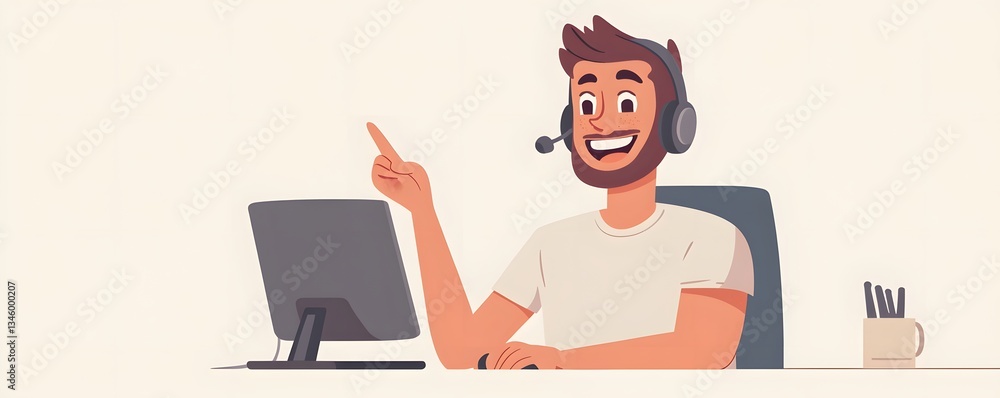 Poster Smiling male call center agent showing something while working on computer