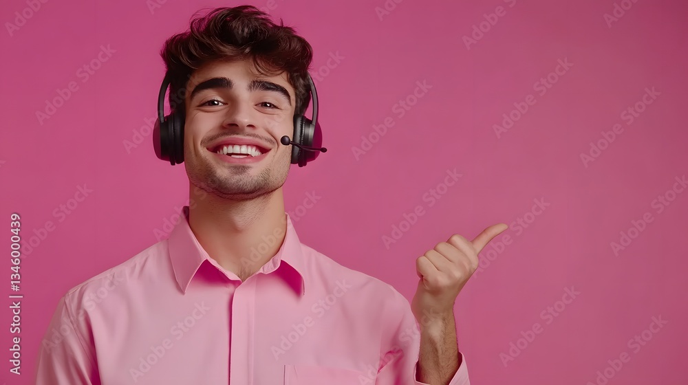 Poster smiling telemarketer wearing headset pointing finger to side on pink background