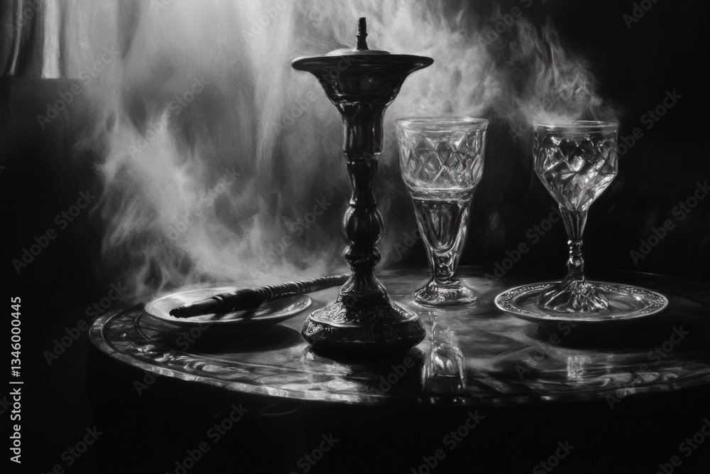 Poster a glass of wine in a classic black and white setting, suitable for use as a background or to add a t