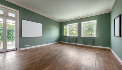 Obraz premium Sage empty living room with windows, parquet floor and mockup posters. Generated image