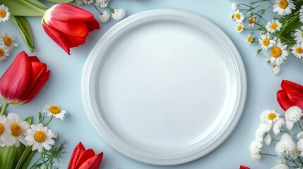 White plate with a red flower on it