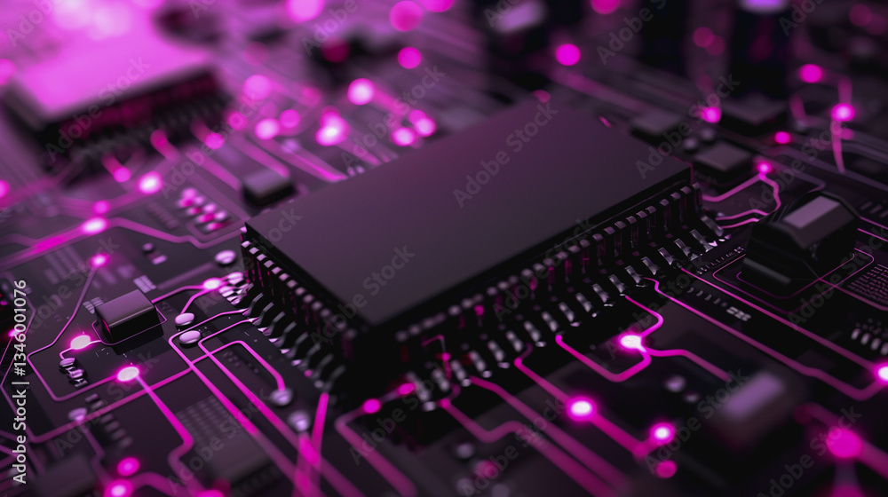Poster cybernetic circuits: an intricate and close-up image of a computer's motherboard, radiating with glo