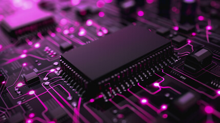 Obraz premium Cybernetic Circuits: An intricate and close-up image of a computer's motherboard, radiating with glowing pathways, epitomizes technological advancement.