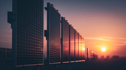 Obraz premium Golden Hour Solar Panels: Capturing the essence of sustainability, this image showcases rows of solar panels set against a vibrant sunset.