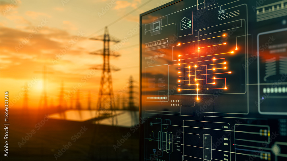 Poster energy grid: an illuminated digital display showcases intricate power grid diagrams against a backdr