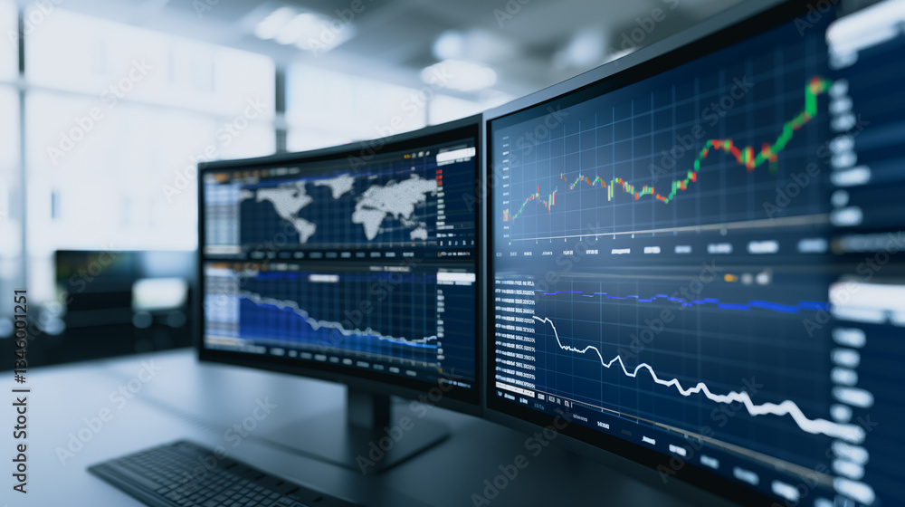 Poster financial market data: close-up view of multiple computer screens displaying real-time financial mar