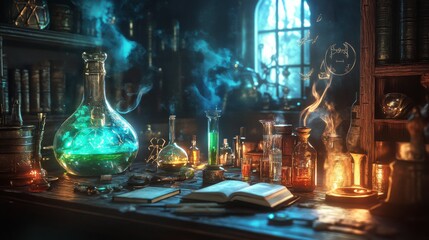 Mystical Alchemist's Workshop Glowing Potions and Blue Smoke